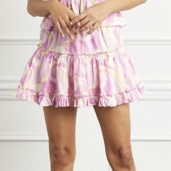 Hill House Pink Candy Kaleidoscope Linen A Line Ruffled Tiered Paz Skirt L NWT - Picture 2 of 3